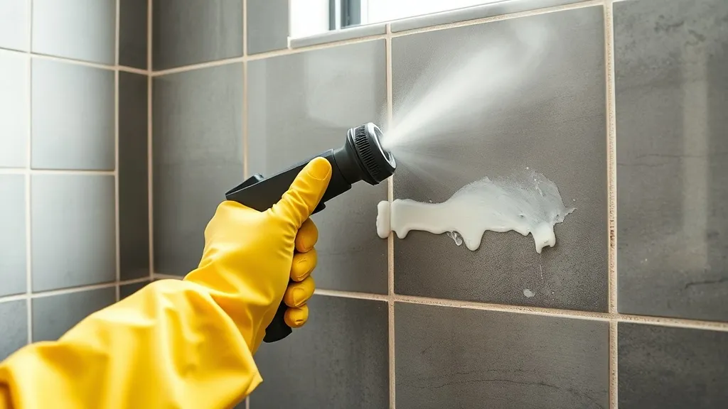 Mão com luva amarela usando vaporizador para limpar rejunte escuro de azulejo branco, com pasta clara aplicada