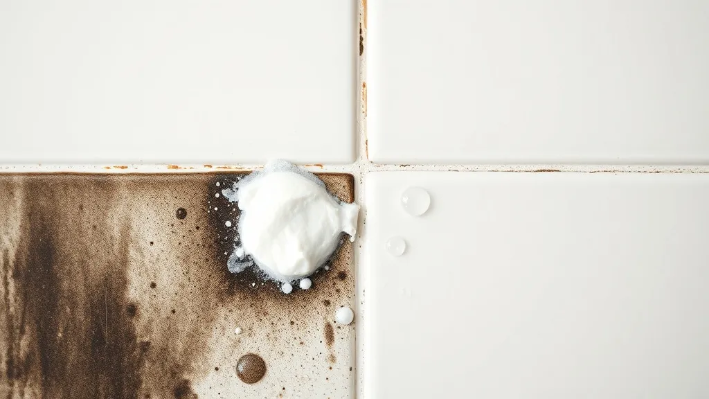Macro de rejunte de azulejo mostrando metade suja com mofo preto e metade limpa e branca após limpeza com água oxigenada e bicarbonato