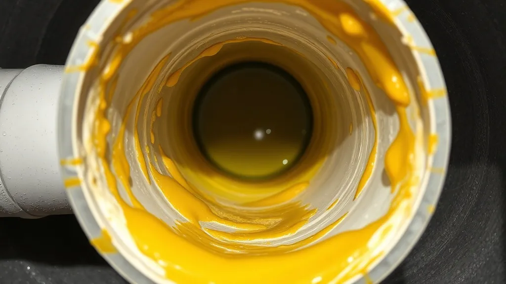 Corte transversal de cano de PVC mostrando acúmulo de gordura solidificada com partículas de comida incrustadas