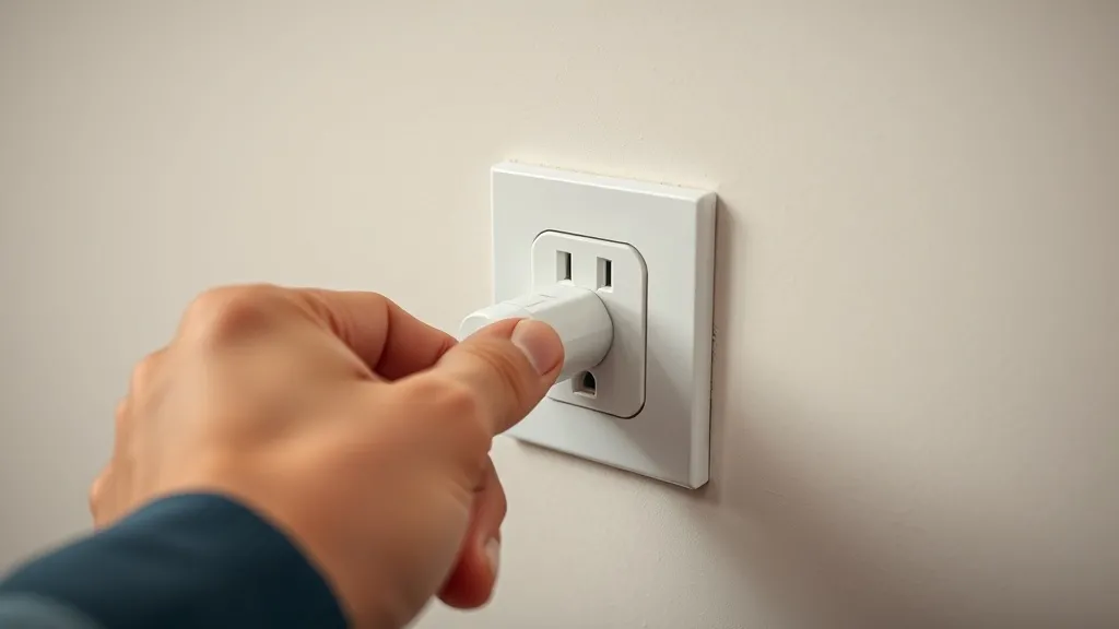 Plugue parcialmente inserido em tomada com folga visível entre os contatos