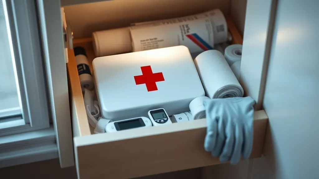 Kit de primeiros socorros residencial organizado dentro de um armário, com gaze, bandagens e termômetro visíveis, luz natural suave.