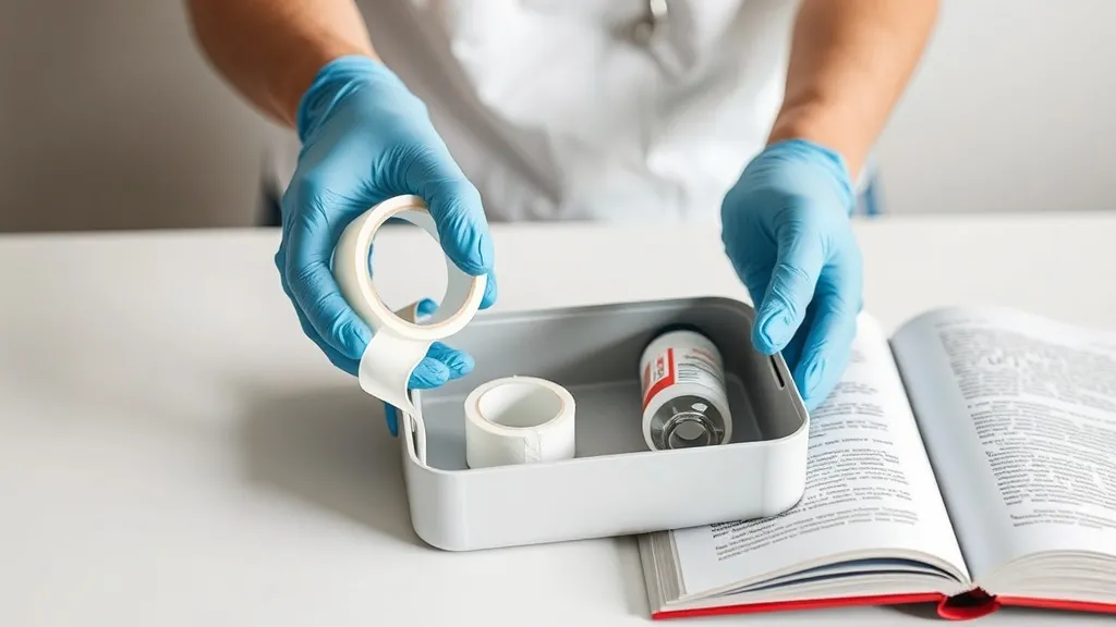Mãos com luvas descartáveis colocando soro e esparadrapo dentro de kit de primeiros socorros