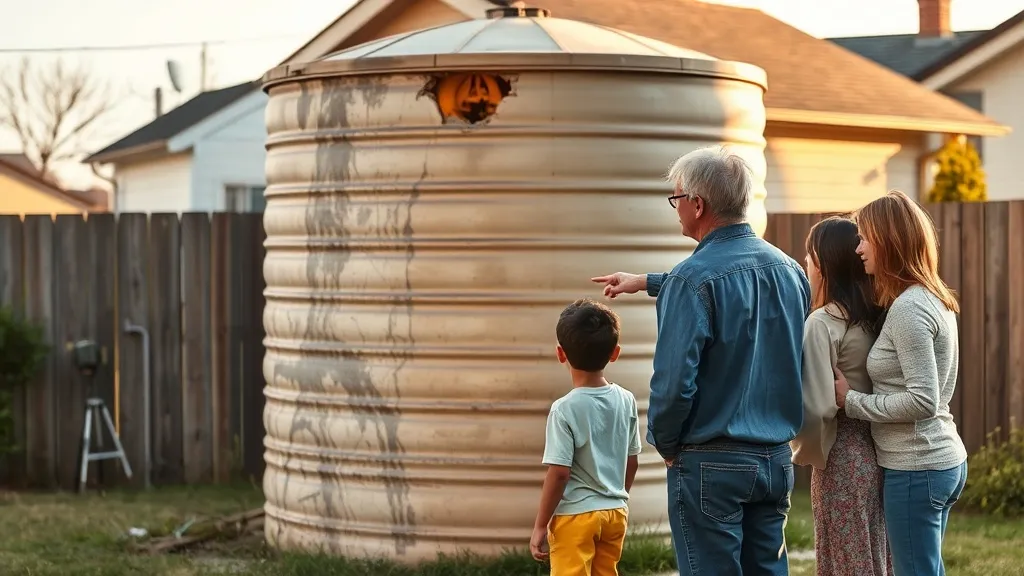 Família observando profissional inspecionar caixa d'água de amianto com rachaduras no quintal