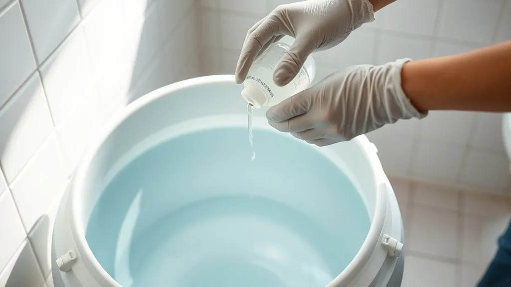 Mãos com luvas despejando cloro em caixa d'água limpa e cristalina, luz natural