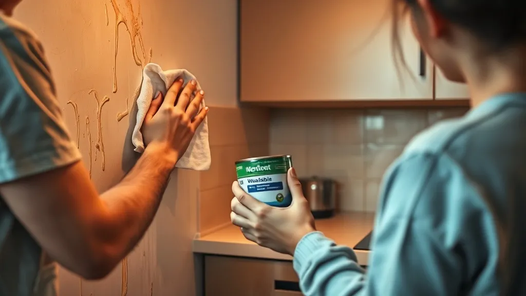 Pessoa verificando rótulo de lata de tinta enquanto outra limpa parede com pano, cozinha iluminada, momento de cuidado