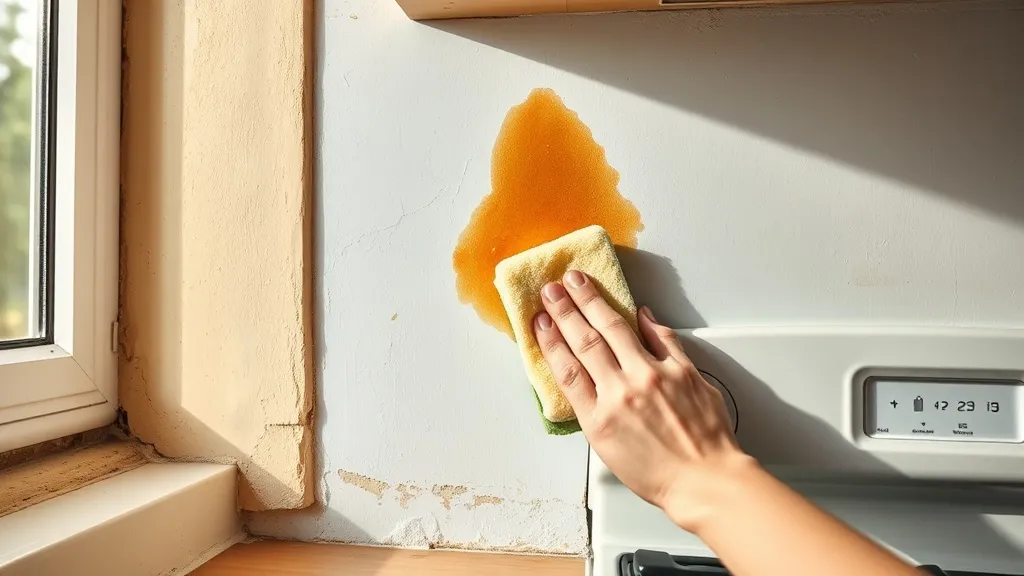 Mão segurando esponja macia com detergente neutro sobre mancha de gordura na parede da cozinha, luz natural, limpeza cuidadosa