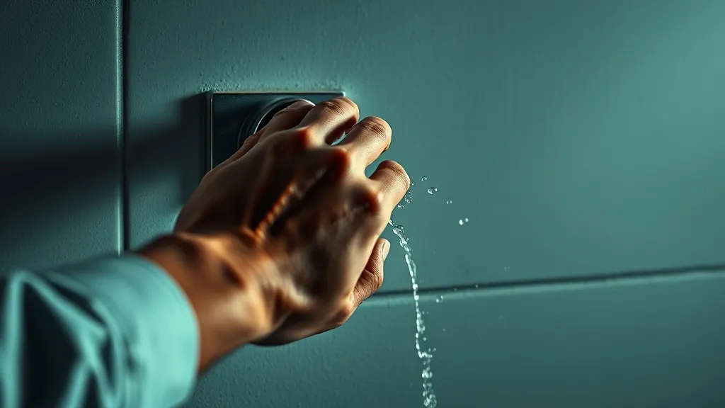 Mão fechando registro de água em parede com respingos, emergência hidráulica