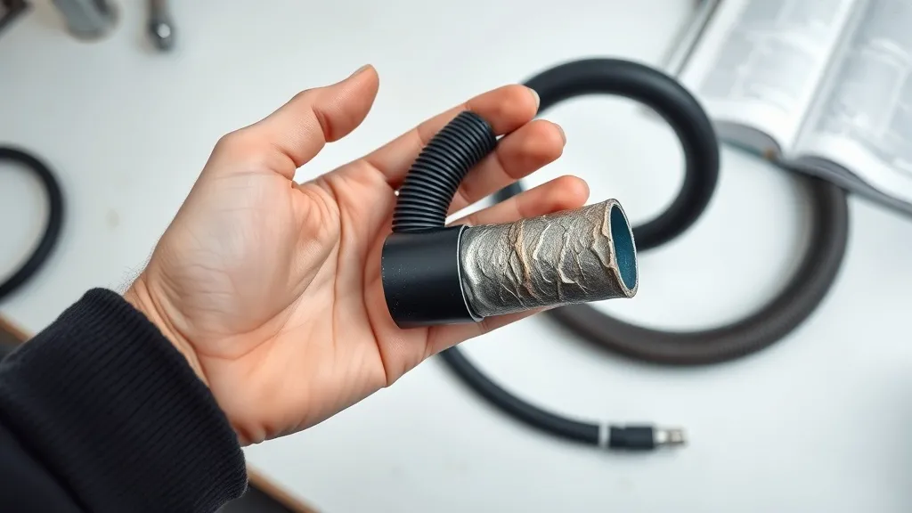Mão segurando uma mangueira de máquina de lavar nova e uma velha e rachada, ilustrando a diferença entre um componente em bom estado e outro degradado.