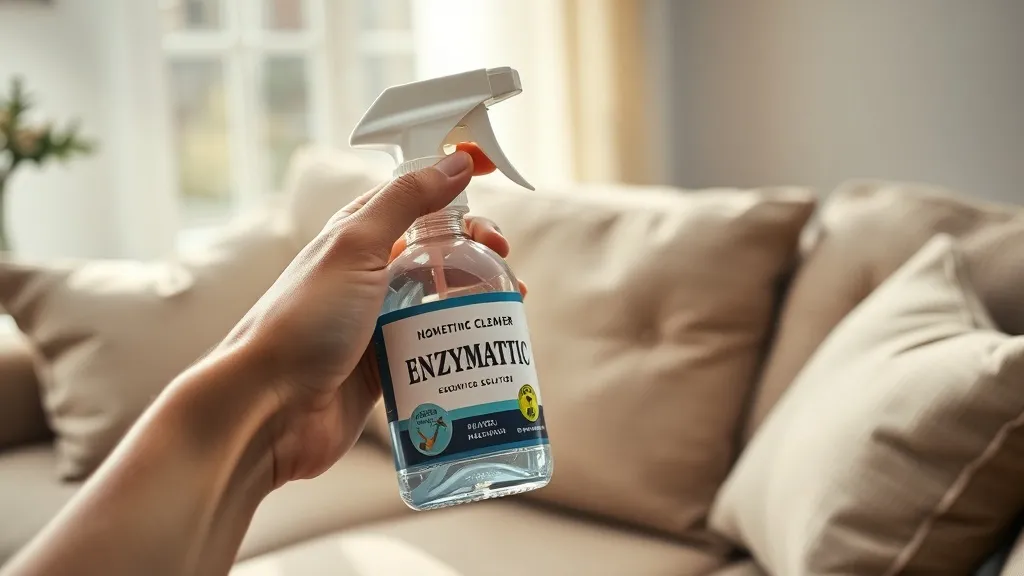 Mão segurando spray de limpeza enzimática próximo a sofá de tecido, luz natural entrando pela janela
