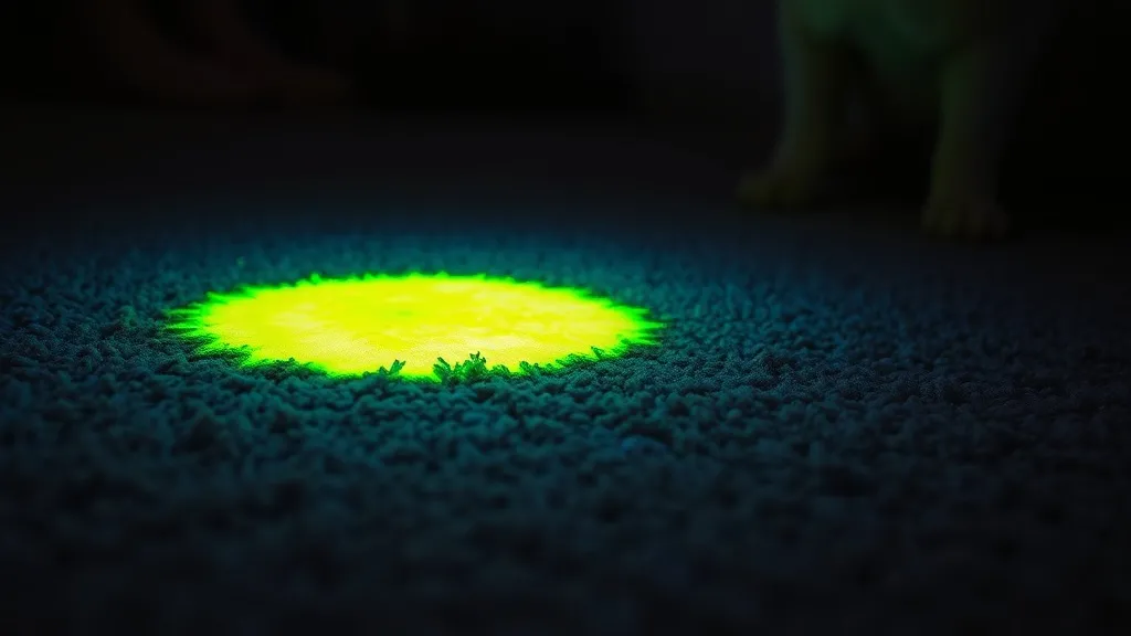 Mancha de urina de gato em carpete iluminada por luz UV, brilhando em tom amarelo-esverdeado em ambiente escuro