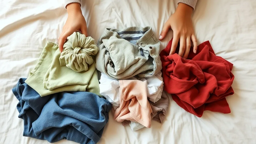 Mãos separando roupas em pilhas de doação e descarte sobre cama