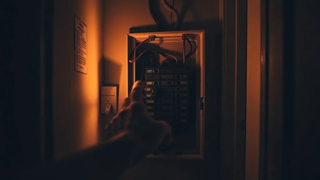 Mão de uma pessoa prestes a tocar em um disjuntor desarmado em um quadro elétrico residencial.