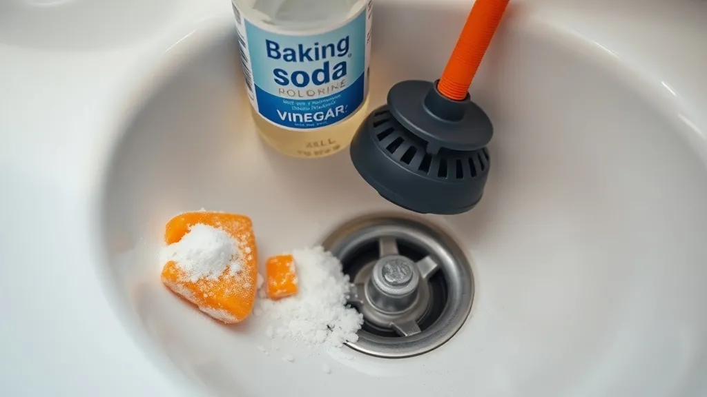 Bicarbonato de sódio e vinagre ao lado do ralo de uma pia de banheiro, com uma ventosa apoiada, em um banheiro claro e limpo.