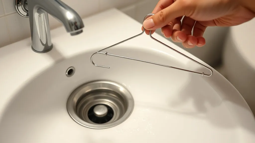 Mão segurando um cabide de arame desenrolado, inserindo-o cuidadosamente no ralo de uma pia de banheiro.