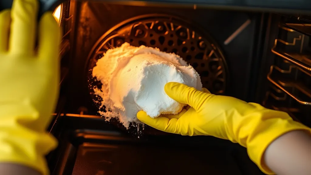 Mãos com luvas amarelas aplicando pasta de bicarbonato sobre crosta queimada dentro de forno elétrico com vapor.