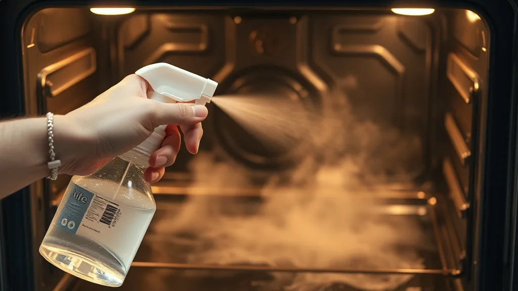 Mão borrifando água dentro de forno elétrico aquecido, gerando vapor para limpeza.
