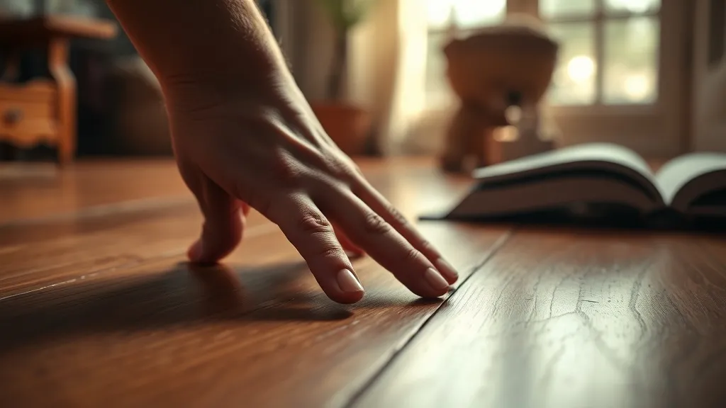 Mão tocando suavemente um piso de madeira com um arranhão superficial, luz natural entrando pela janela