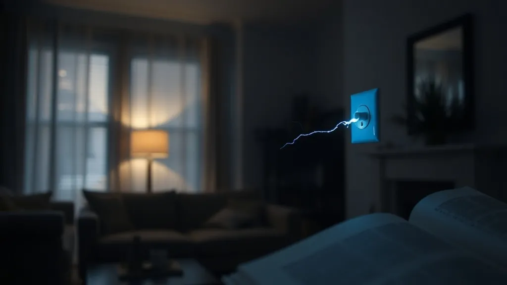 Pequena faísca azul intermitente saindo de uma tomada elétrica na parede de uma sala, com iluminação baixa e atmosfera tensa, representando o perigo silencioso de uma fuga de corrente que não desarma o disjuntor.