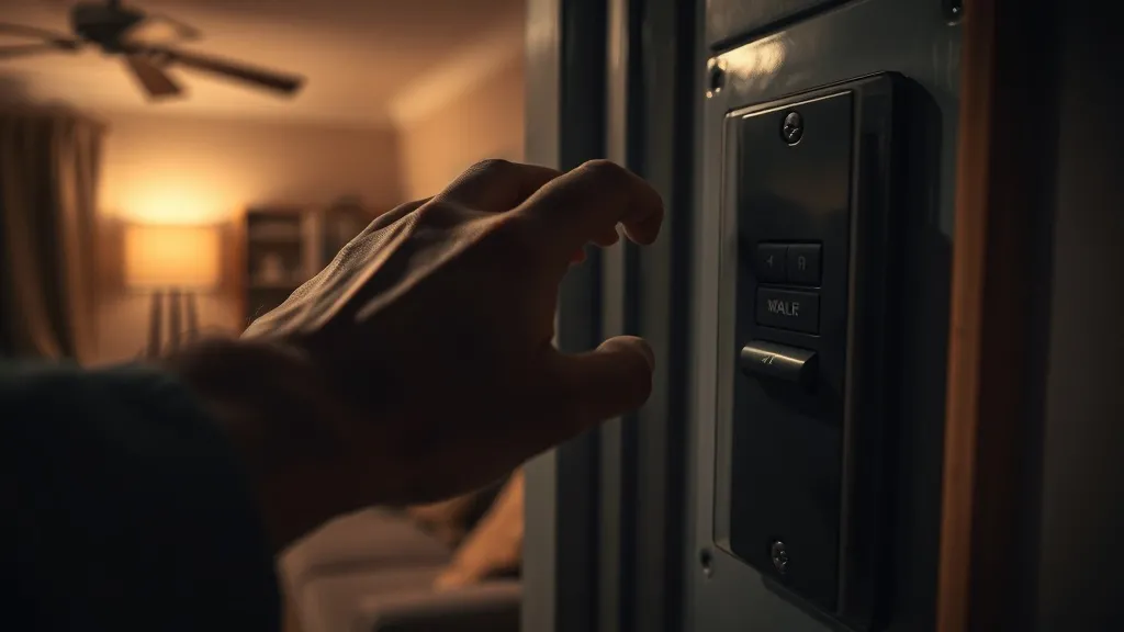 Mão de adulto prestes a desligar o disjuntor geral em um quadro de distribuição elétrica residencial, em um ambiente com iluminação dramática, simbolizando a ação correta e urgente durante um curto-circuito com faíscas.