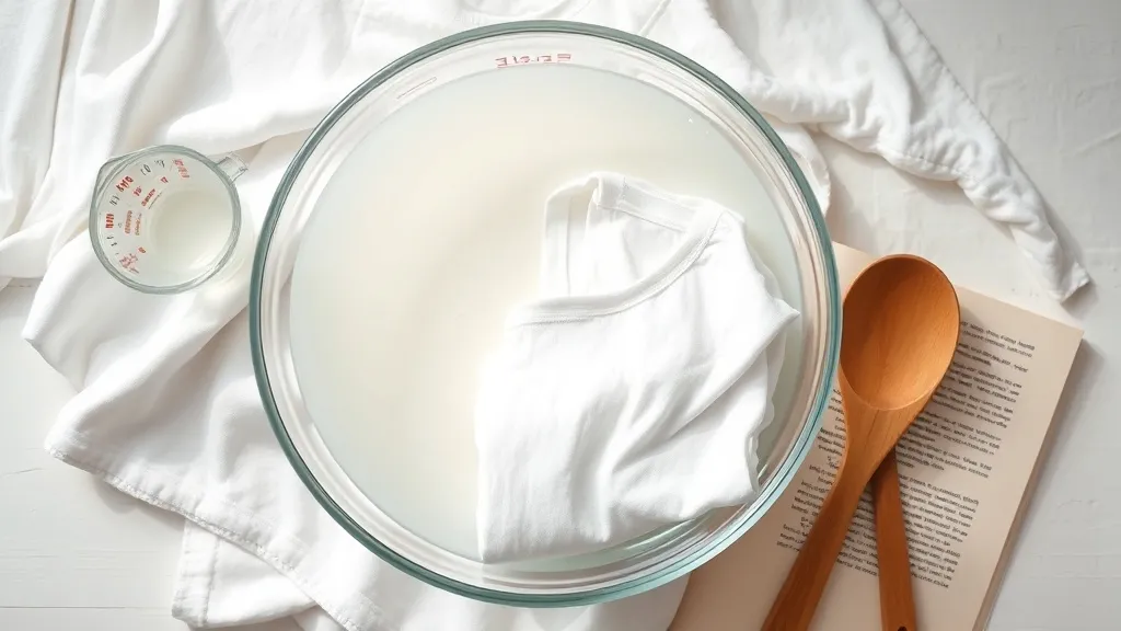 Bowl de vidro com solução de vinagre e água, uma camiseta branca de algodão parcialmente submersa, ao lado um copo medidor e uma colher de pau, representando o método de tratamento caseiro para tirar cheiro de mofo de roupas.