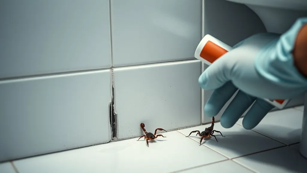 Mão com luva aplicando silicone em uma fresta na parede do banheiro, com um escorpião ao fundo, representando prevenção contra entrada de animais.