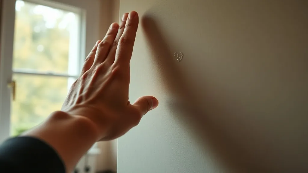 Mão tocando parede com mancha de umidade para detectar vazamento oculto