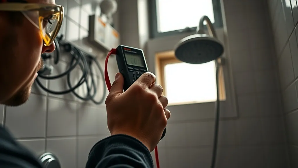Mãos de uma pessoa usando um multímetro para verificar fios elétricos durante a troca de um chuveiro, com novo chuveiro ao fundo