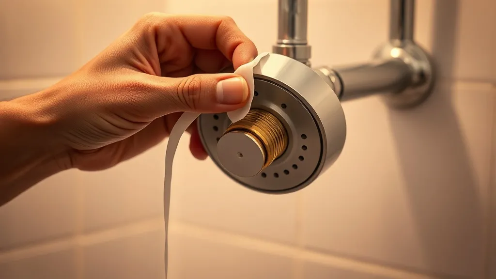 Mãos aplicando fita veda-rosca nos conectores de um chuveiro elétrico novo, detalhe da vedação
