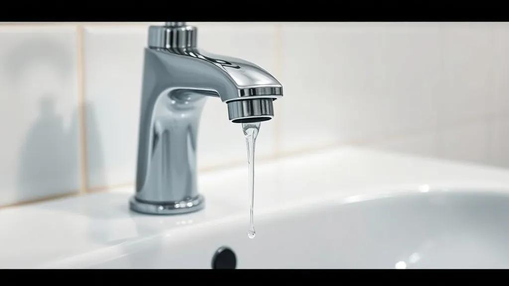 Detalhe de uma torneira de banheiro moderna com uma gota de água caindo, simbolizando vazamento interno causado por registro de gaveta usado incorretamente.