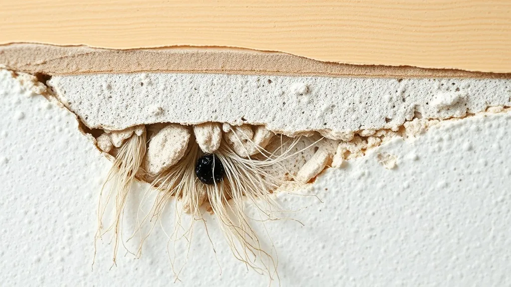 Corte transversal de parede mostrando hifas de mofo penetrando profundamente no gesso