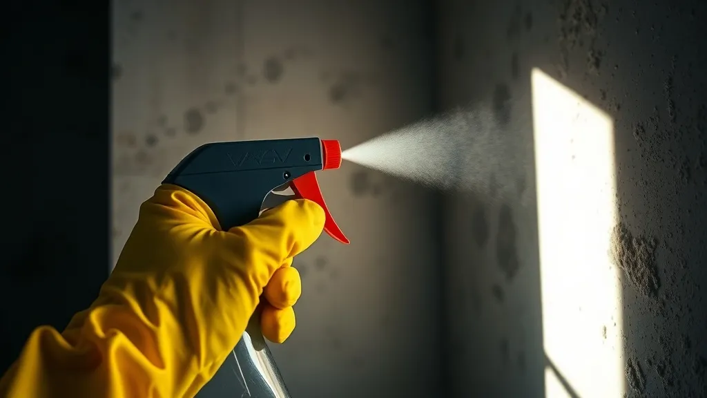 Mão com luva amarela borrifando produto em parede com mofo, luz dramática