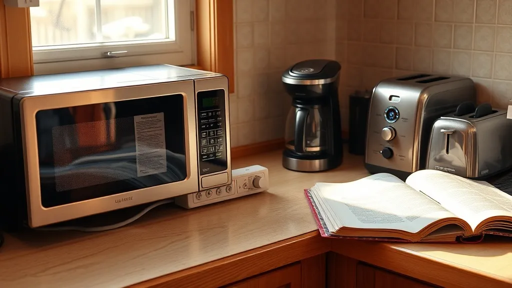 Cozinha com micro-ondas, cafeteira e torradeira ligados na mesma tomada