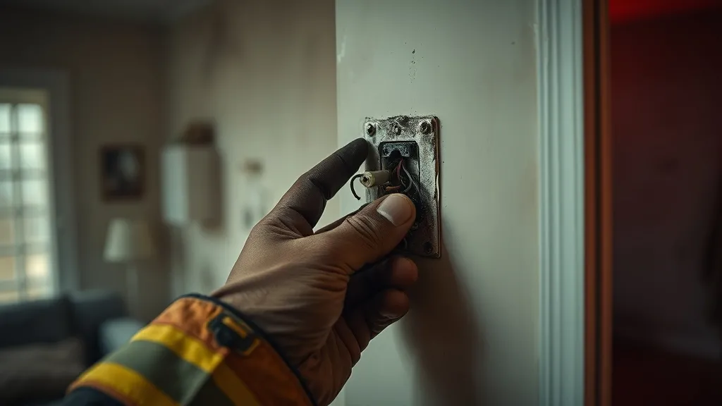 Mão de bombeiro segurando tomada derretida com fios carbonizados em parede manchada de fumaça