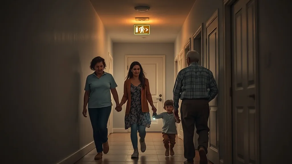 Família caminhando em corredor residencial com iluminação de emergência, simulando plano de fuga de incêndio.