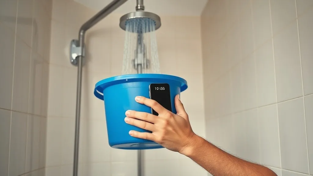 Pessoa enchendo balde no chuveiro com cronômetro no celular, teste de vazão