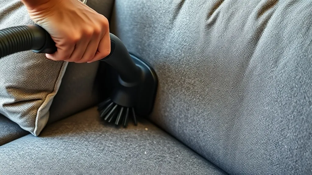 Detalhe de um aspirador com bocal escova limpando a fresta entre o assento e o encosto de um sofá de tecido.