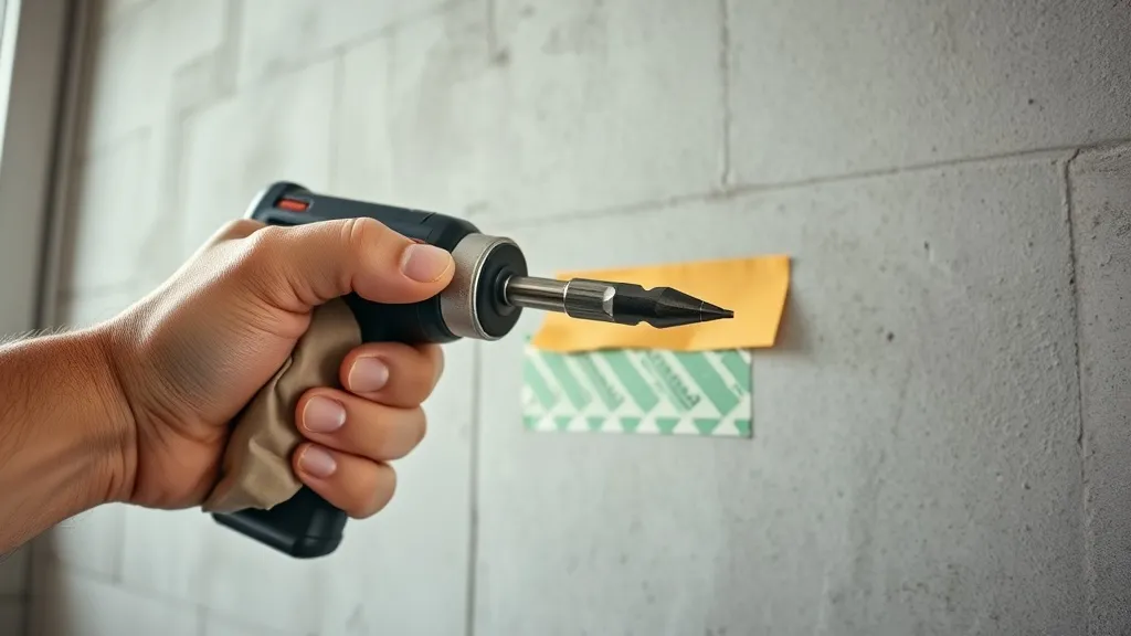 Mão segurando furadeira com broca de widia próxima a parede de concreto com fita crepe, luz natural suave
