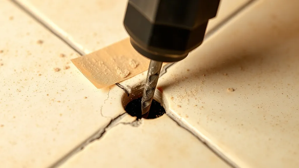 Detalhe macro de broca perfurando azulejo vitrificado com microfissuras visíveis e fita crepe segurando borda